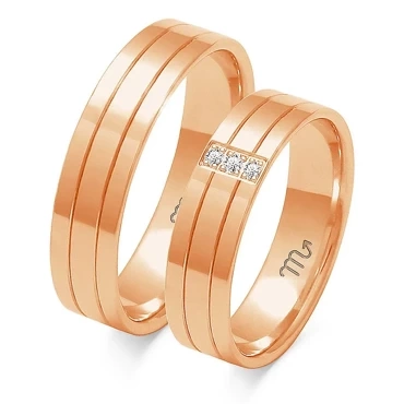 Nowoczesne obrączki ślubne z różowego złota z nacięciami i brylantami szer. 5.0 mm wys. 1.30 mm